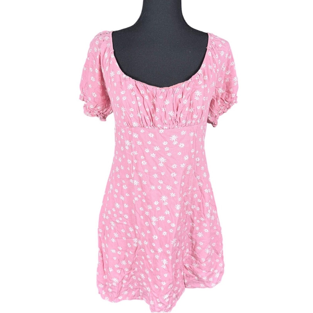 Pacsun‎ Lottie Moss Pink Daisy Smocked Puff Sleeve Mini Dress Womens Size L